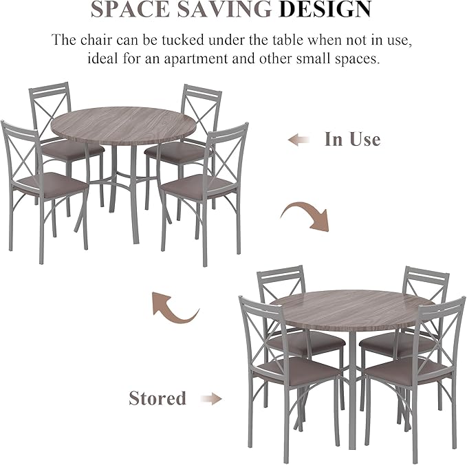 VECELO 5 Piece Dining Table Set for 4, Wood Grain Dinette with Chairs for Kitchen, Breakfast Nook, Small Space, Light Grey