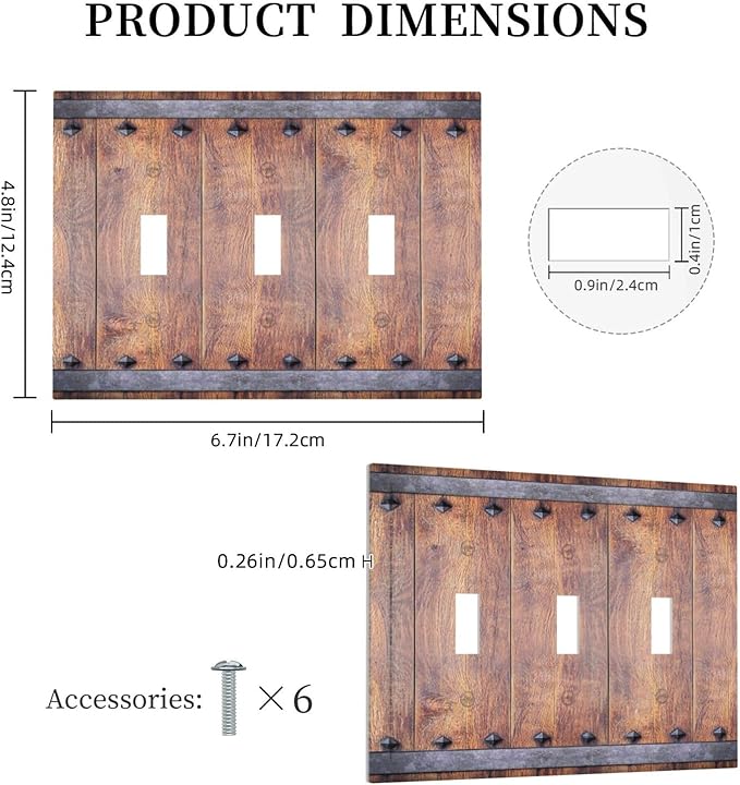 Light Switch Cover Rustic Farmhouse Barn Door Vintage Wood 3 Gang Wall Plate Triple Light Switch Plate Toggle Decorative Outlet Covers Electrical Switchplate for Bathroom Cabin Decor