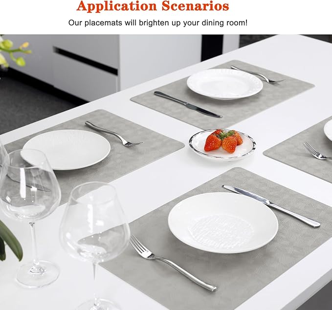 Vinyl Placemats Set of 6 Heat Resistant Easy Clean Non-Slip Place Mats for Dining Table Faux Leather Waterproof Stain Resistant Wipeable Washable PVC Table Mats(6, Light Gray)