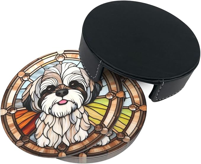 Drink Coaster Set of 6, Shih Tzu Dog Mom Lover Gift,Leather Drink Coasters with Holder,6 Pack Cup/Bar/Drink Coasters for Table/Drinks/Coffee Protection Housewarming Gift