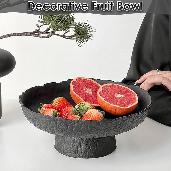 Glass Fruit Bowl for Kitchen Counter, Black Pedestal Bowl, Large Footed Serving Bowl, Decorative Bowls for Centerpiece Home Decor, Modern Fruit Holder (Large 10.4 Inch)