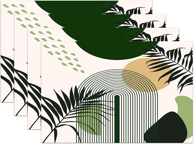 Boho Mid Century Sun Placemats Printed Modern Rainbow Leaves Green Design Washable Place Mats 12x18Inch for Dining Kitchen Farmhouse Decor 6 PCS