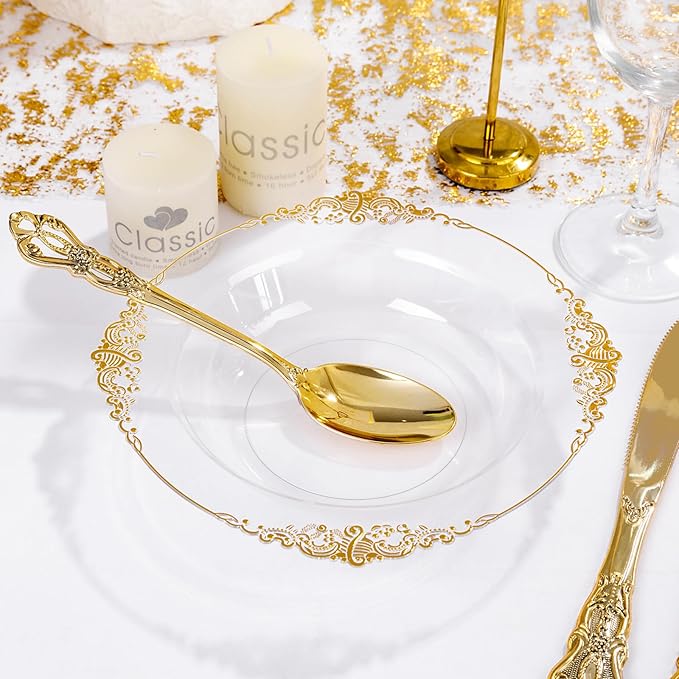 100PCS Clear Gold Plastic Bowls - 12 oz Clear Disposable Salad Bowls - Heavy Duty Disposable Soup Bowl - Fancy Plastic Ice Cream Bowl for Weddings, Parties, Dinners, Picnics,