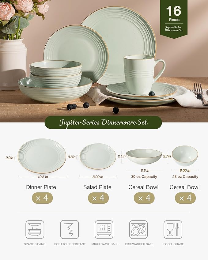 Famiware Jupiter Dinnerware Set with Pasta Bowl, Plates and Double Bowls Dish Sets for 4 (16 Pieces), Microwave and Dishwasher Safe Stoneware Tableware, Chip and Scratch Resistant, Light Green