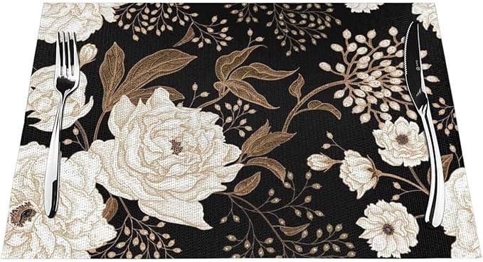 Placemats Set of 4 Vintage Peony Place Mats Beige Floral Leave Rustic Black Woven Table Mats Washable Beige Flower PVC Placemat for Dining Kitchen Decor Indoor Outdoor, 12 x 18 Inch