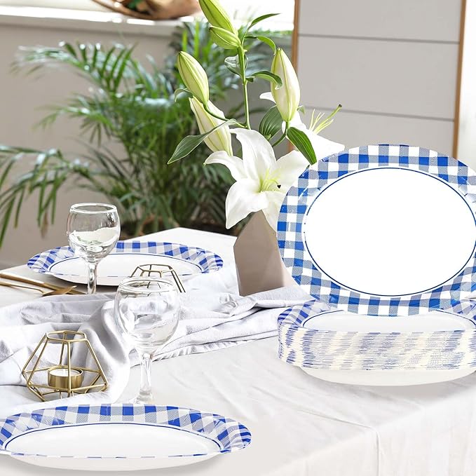 50Pcs Blue and White Gingham Oval Paper Plates 10" x 12" Large Blue Gingham Checkered Plaid Plates Disposable Heavy Duty Oktoberfest Plate for Oktoberfest Holiday Picnic BBQ Birthday Party Decorations