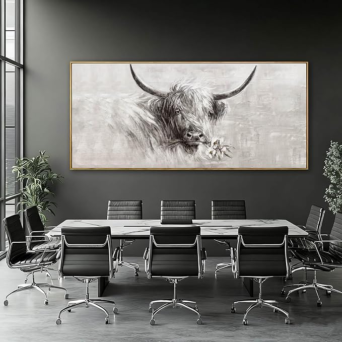MLART99 Extra large Elegant Cow Canvas Animal Wall Art White and Grey Posters with Floral Gold Ox Print - 32x70 Inch Modern Home Decor for Living Room Entryway