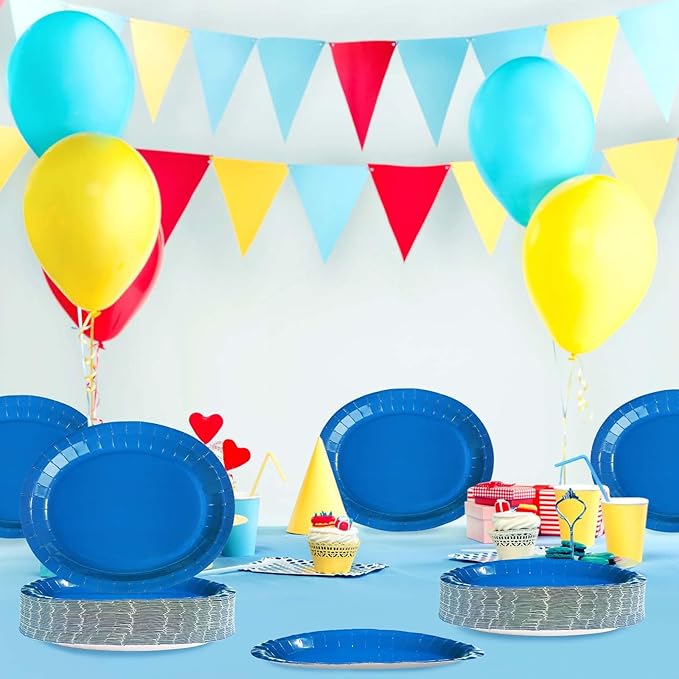 Grencian 50 PCS Blue Oval Paper Plates Blue Plate Large 10" X 12" Disposable 400GSM Paper Tableware Dinnerware for Birthday Winter Holiday Wedding Baby Shower Christmas Party Decorations