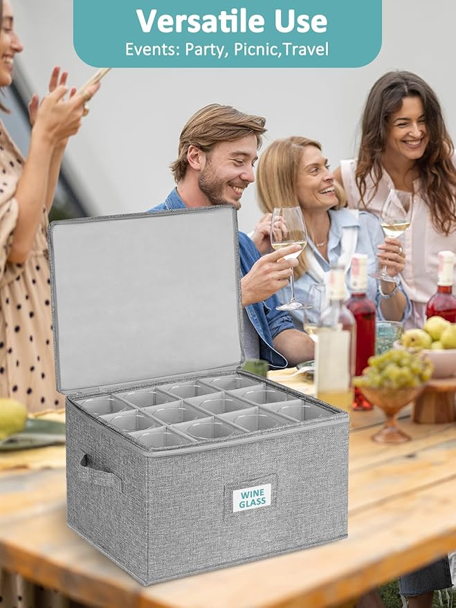 Cirhy Wine Glass Storage Box Hard Shell, 10'' Tall Stemware Storage Containers for Moving, Holds 24 Crystal Glasses & Flutes, Stackable Glassware Chest with Dividers, Grey (2-Pack)