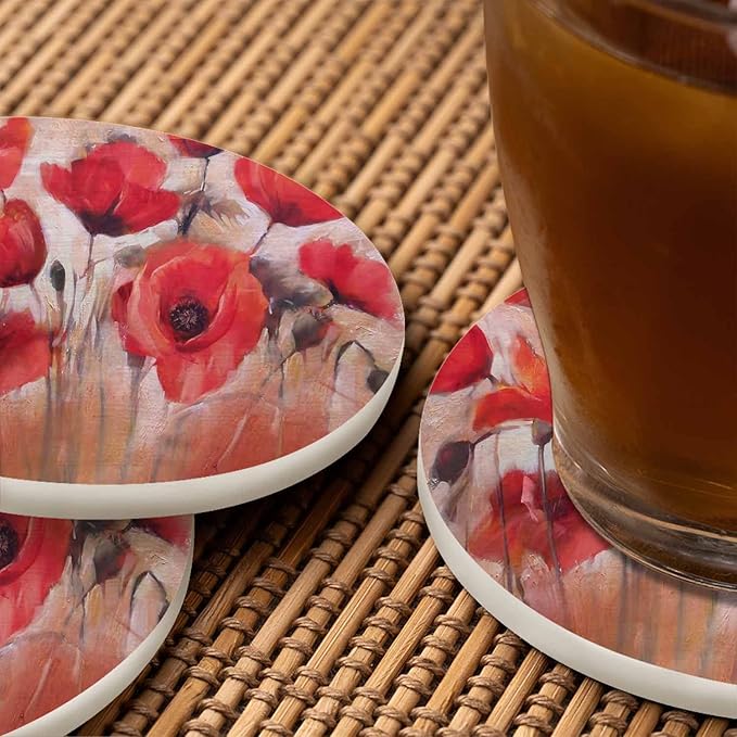 Poppy Flowers Cup Coasters Set of 2 Watercolor Oil Painting Style Beautiful Blossom Wooden Table Apartment Decor 100% Diatomite for Drinking Glasses,4 Inches