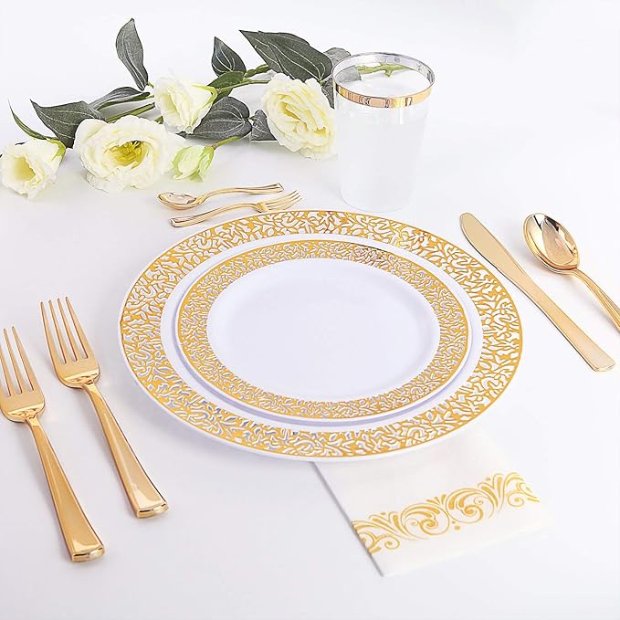 WDF 150PCS Gold Plastic Plates Set - Valentines Plates 25Guests Gold Disposable Dinnerware Sets for Valentine's Day