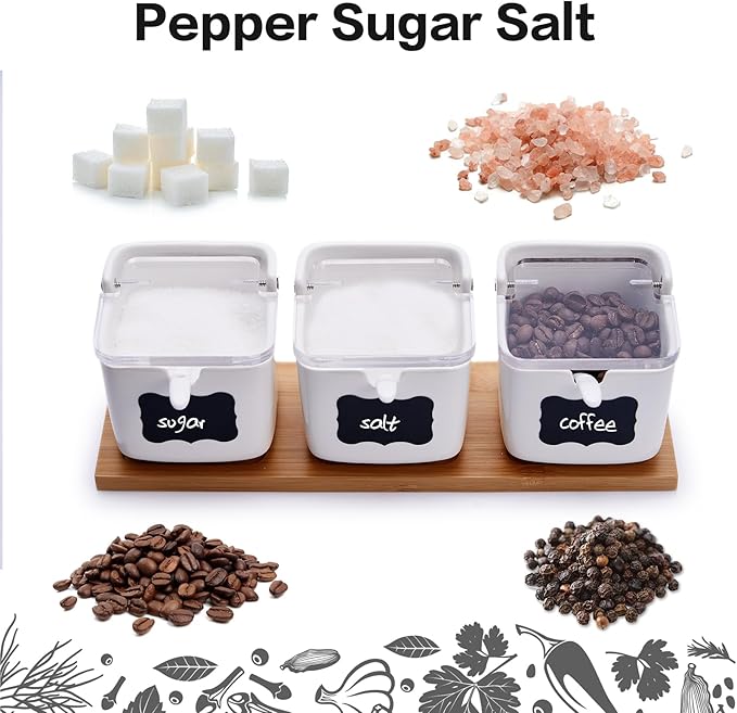 Lucky Goddness Ceramic Sugar Bowl with Lids and Spoons Serving Tray, Porcelain Sugar Container for Pepper Sugar Salt,Salt Condiment with Chalkboard Labels for Home Kitchen,250 ML