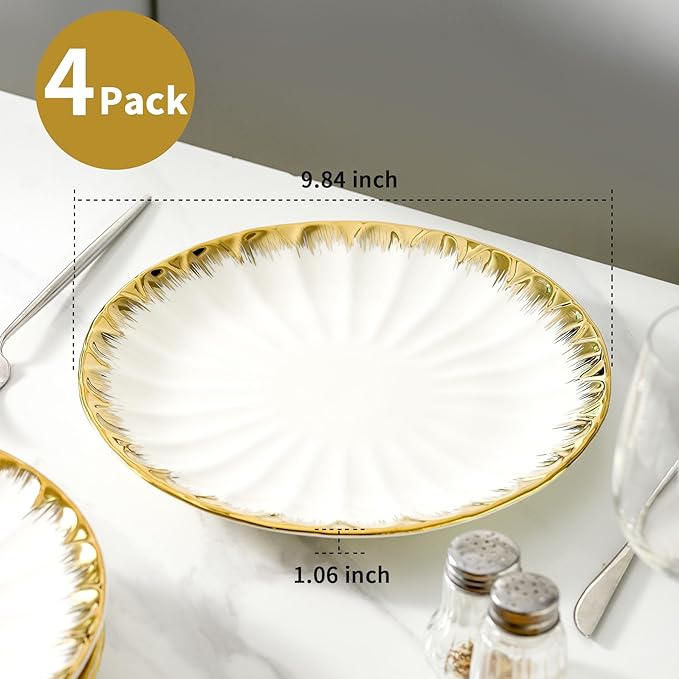 Dinner Plates, Ceramic dinner plates Set of 4, White Dinner Plate with Gold Rim, 10 Inch Dinnerware Dish Set for Kitchen Round Salad-Plates, Dessert Appetizer plate Serving Dishes for Parties