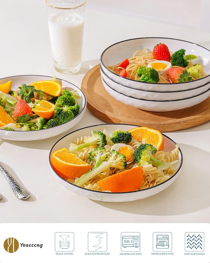Yeacccng White Pasta Bowls Set of 6, 24oz Ceramic Salad Bowls, 8 inch Shallow Serving Bowls for Pasta, Salad, Oatmeal, Fruit, Easy to Clean, Dishwasher & Microwave Safe, Scratch-Resistant, Lead-Free