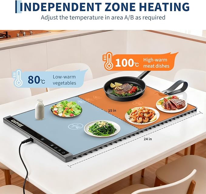 Garvee 3rd Gen Upgraded Food Warming Mat, AB Dual Zone Independent Heating, 24" x15" Electric Warming Tray with 6 Temp Levels & 1-3H Timer, Portable Food Warmer for Parties Buffet, Easy to Clean, Grey