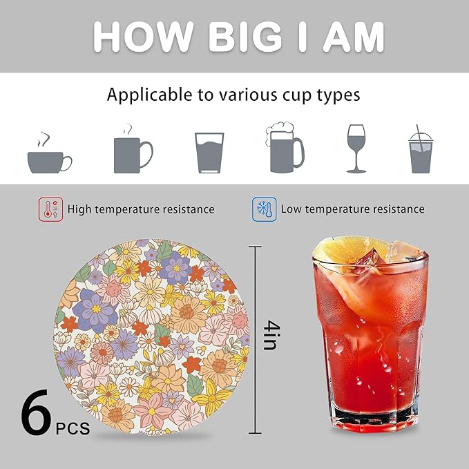 Coasters for Drinks Absorbent with Holder,Retro 70s Floral Sets of 6 Durable Cup Coaster for Coffee Table Protection,Great Housewarming Birthday Gifts,Home Decor