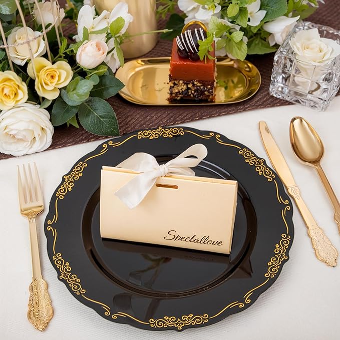 DaYammi 60PCS Black and Gold Plastic Plates, Heavy Duty Black and Gold Disposable Plates Premium 10inch Dinner Plate Hard Plastic Plate Disposable for Party and Wedding