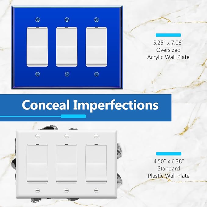 LIDER Reflective Acrylic Decorator Wall Plate, Mirrored Light Switch Plate, Plexiglass Outlet Cover, Acrylic Glass, Oversized 3-Gang 5.25" x 7.06", LWP-33O-ABL, Blue
