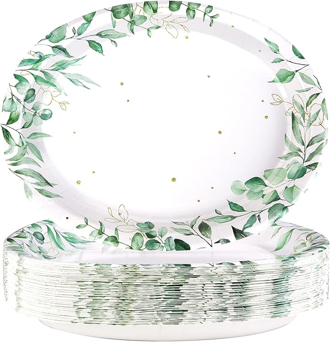50Pcs Sage Green Oval Paper Plates 10" x 12" Large Disposable Heavy Duty Watercolor Eucalyptus Paper Platters Sage Floral Green Leaves Dessert Plates for Baby Shower Picnic Wedding Dinner Supplies