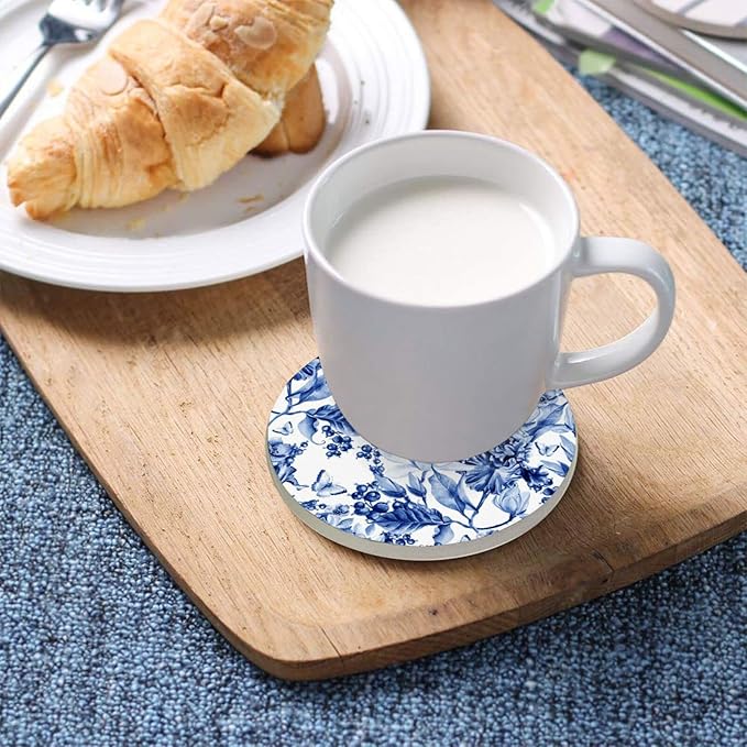 Coasters for Drinks Cup Coaster for Coffee Table Desk Round Cup Mat Cork Backing Home Decor Blue White Flowers Butterfly