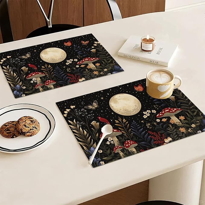 Mushroom Botanical Placemats Set of 6, Mushroom Plants Leaves Butterfly Place Mats, Moon Waterproof Washable Table Mats for Home Party Indoor Kitchen Dining Table Decoration 12x18 Inch