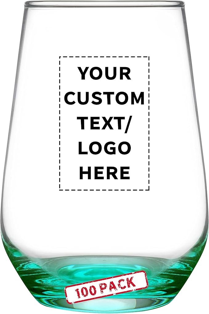 DISCOUNT PROMOS 100 Vaso Silicia Stemless Wine Glasses Set, 16 oz. - Personalized Text, Logo - Clear, Orb-Like, Thick base - Green