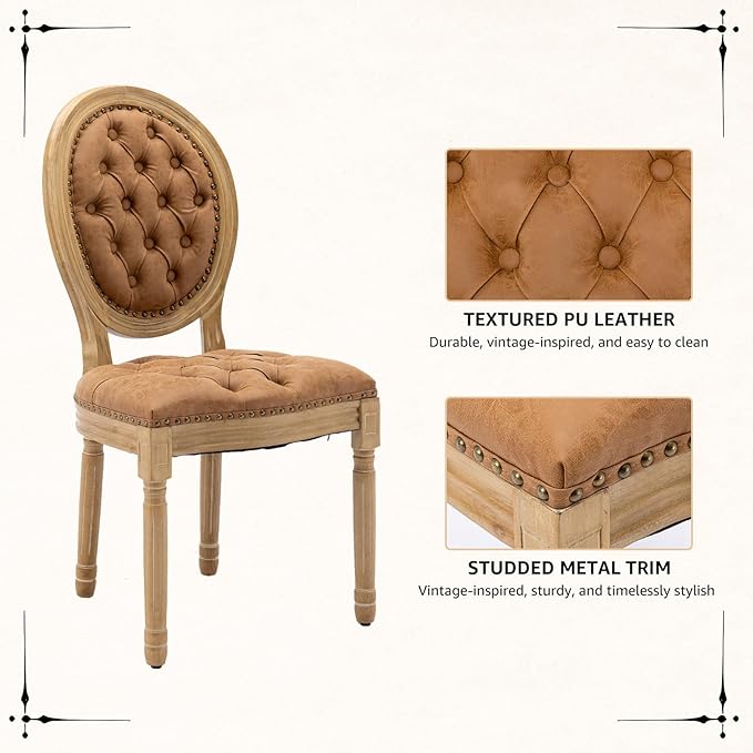 Vintage French Dining Chairs Set of 6, Round Back PU Leather Upholstered Accent Chairs with Nailhead Trim and Solid Wood Frame, Farmhouse Sillas de Comedor for Dining Room & Kitchen, Whiskey Brown
