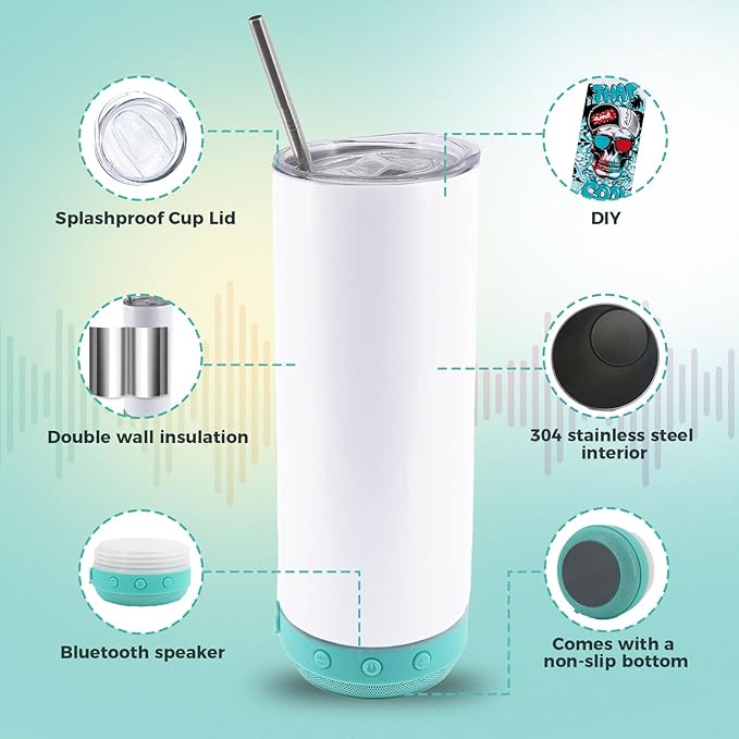 20 oz Music Speaker Tumbler 4 pack,Straight music mug with straw, lid, straw brush, shrink wrap,Reusable Travel Coffee Mug For Men and Women