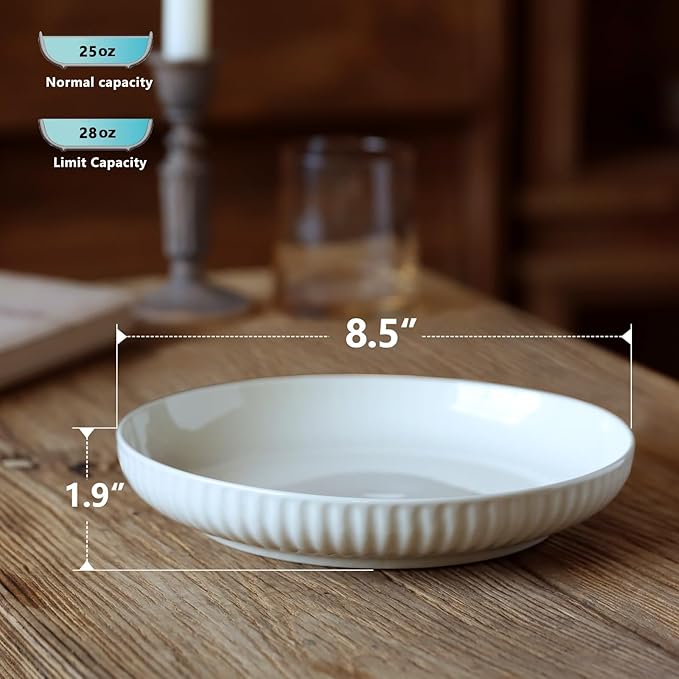 Ceramic Pasta Bowls Set of 4-28oz, Serving Salad, Soup Bowls For Kitchen Shallow Dishes Dinner Bowl, Microwave & Dishwasher Safe- Elegant Cream Color, 8.3in