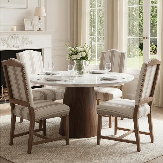 CIMOTA Mid Century Modern Dining Chairs Set of 4, Farmhouse Upholstered Dining Room Chairs Comfortable Kitchen Side Chairs with High Back/Natural Solid Wood Frame, Linen Brown/Beige Stripe