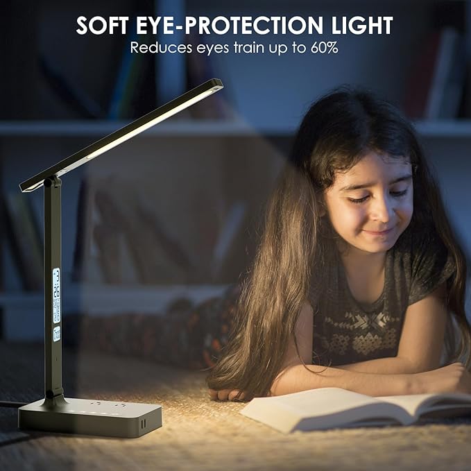 Infiway Desk Lamp with USB Charging Port: LED Stepless Dimmable Eye Caring Desk Light for Home Office - 1 Type-C, 1 USB-A Charging Port, 2 AC Power Outlets, Multiple Light Modes for Study and Bedroom
