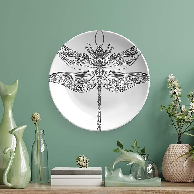 Ceramic Plates, Abstract Decorative Ceramic Plates, Animal Steampunk Dragonfly Pattern, 8 Inch, for Dining, Parties, Wedding, Black White