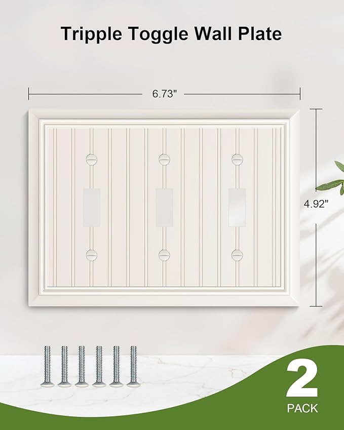 2-Pack Classic Beadboard Triple Toggle Light Switch Cover Plate, Durable Natural Bamboo Fiber Decorative Switch Plate Covers, Light Almond 3 Gang Wall Plate