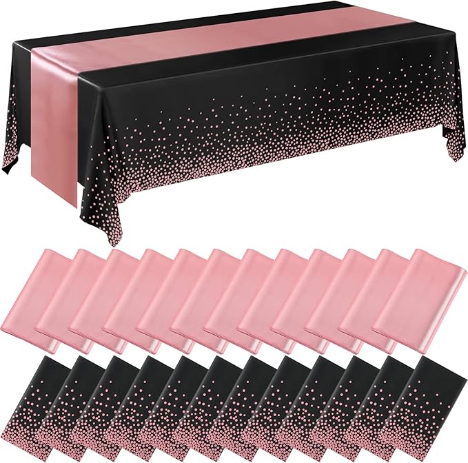 Breling 24 Packs Black and Rose Breling Disposable Plastic Tablecloths and Satin Table Runner Set, 54 x 108 Inch Tablecloth, 12 x 108 Inch Table Runners for Wedding Graduation Birthday Baby Shower