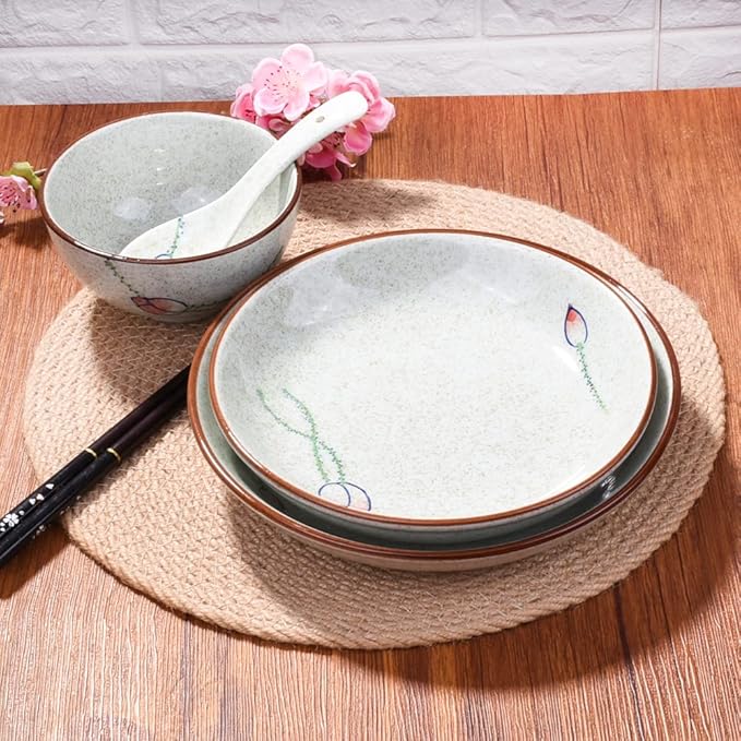 4-Piece Ceramic Dinnerware Set, Plate, Dish, Bowl, Spoon, Japanese Hand-painted Tableware set, A Good Tableware
