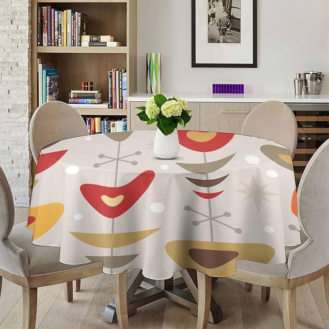 Retro Mid Century Round Tablecloth, Abstract Rustic Colorful Geometric Print Tablecloth for Home Party Dining Room Kitchen Decor 70Inch(178cm)