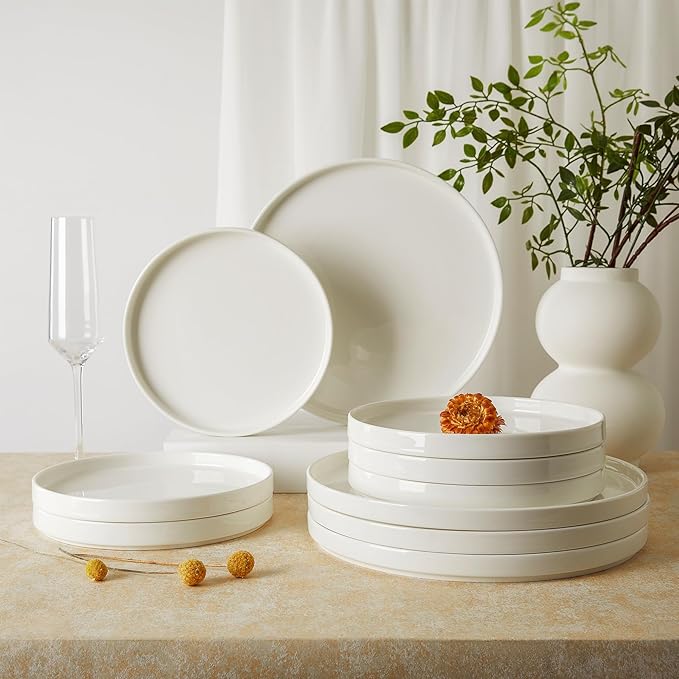 Sweese Porcelain Flat Dinner Plates Set of 6, 10.5 Inch High Edge Dish Set - Dishwasher, Microwave, Oven Safe, Scratch Resistant, Kitchen Serving Dishes - Elegant White Glaze
