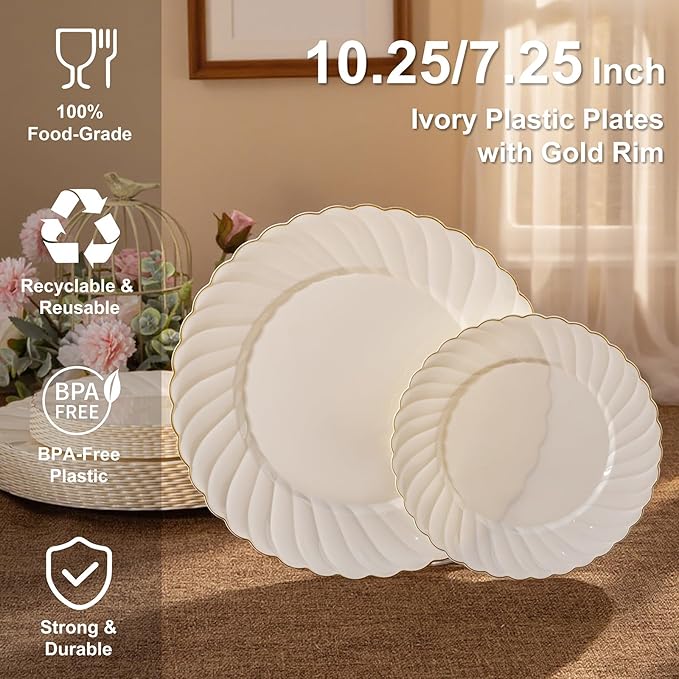 U-QE 60 Pcs Ivory Plastic Plates with Gold Trim – Scalloped Plate Disposable for Party - Elegant Plastic Plates Include 30 10.25" Dinner & 30 7.25" Dessert Plates for Party & Valentines Day
