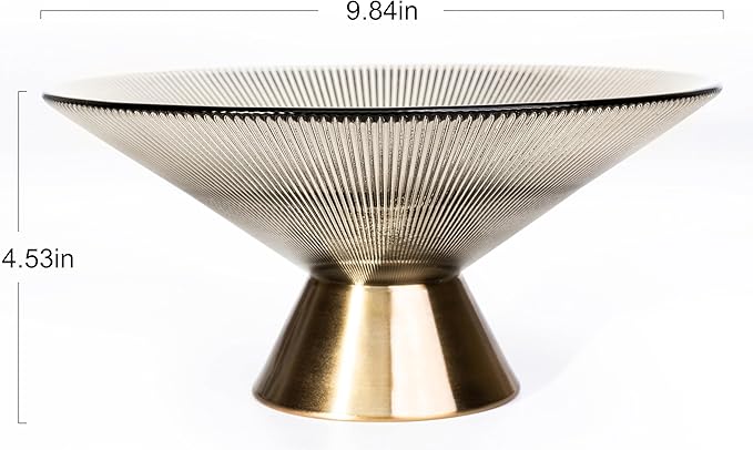 Tapered Glass Decorative Bowl (Coffee Brown), 9.8 Inches Handblown Striped Design Fruit Bowl with Rust-Resistant Metal Base for Home Decor, Table Centerpiece, Kitchen Island and Dining Decor
