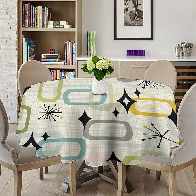 Mid Century Modern Round Tablecloth, Geometry Bohemian Retro Abstract Tablecloth for Home Party Dining Room Kitchen Decor 60Inch(152cm)