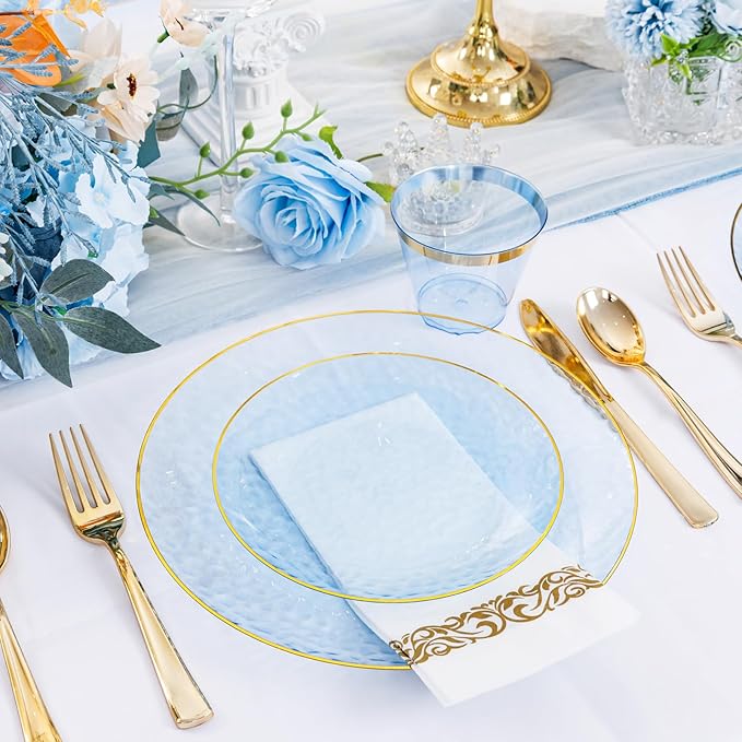 Rubtlamp 350 Pcs Clear Blue Plastic Plates, Blue Gold Plastic Dinnerware Set (50 Guests), Blue Disposable Plates With Gold Rim, Hammered Party Plates Set for Wedding And Party