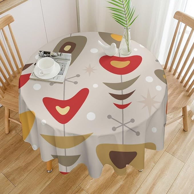 Retro Mid Century Round Tablecloth, Abstract Rustic Colorful Geometric Print Tablecloth for Home Party Dining Room Kitchen Decor 50Inch(127cm)