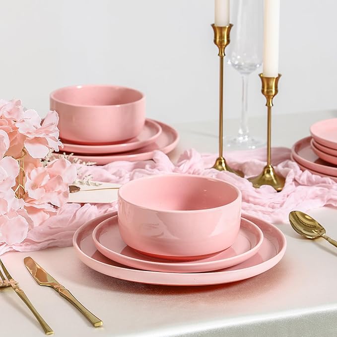 GZG Modern Art Series - 12 Pcs Speckled Stoneware Plates and Bowls Sets, Ceramic Dinnerware Set with Rustic Terracotta Underside, Microwave and Dishwasher Safe Handcrafted Dishes Set - Blush Pink