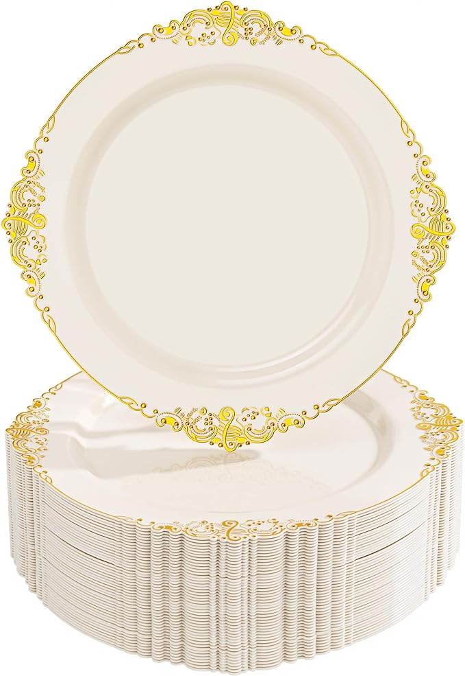 Nervure 100PCS Ivory Plastic Plates - 10.25inch Ivory and Gold Disposable Plates - Heavyweight Dinner Plate for Wedding & Party