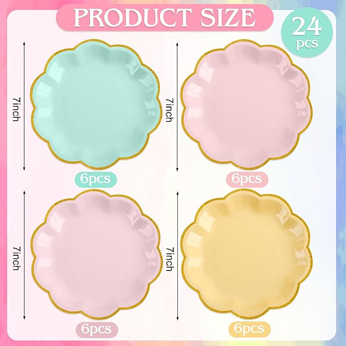24 Pcs Pastel Scalloped Paper Plates 7 Inch Disposable Macaron Colorful Dessert Plates with Gold Edge Gradient Rainbow Party Supplies for Wedding Birthday Baby Shower Bridal Summer Decorations