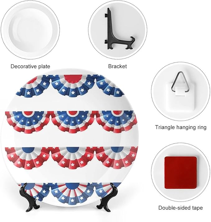 Decorative Plates, American Flag Decor Print Ornament, Flag Round Bunting Election Ornament Pattern, 6 Inch, Kitchen Wall Decor, Blue Red
