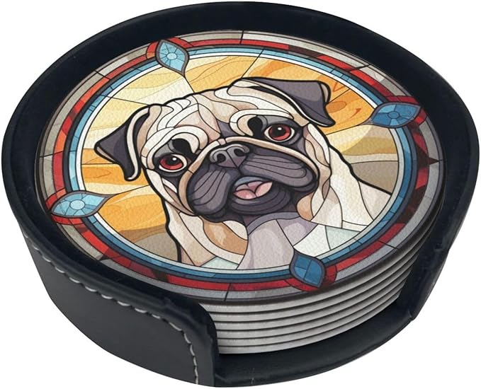 Drink Coaster Set of 6, Pug Dog Mom Lover Gift,Leather Drink Coasters with Holder,6 Pack Cup/Bar/Drink Coasters for Table/Drinks/Coffee Protection Housewarming Gift