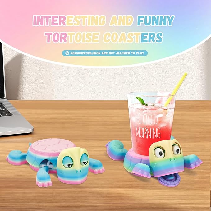 3D Printed Funny Turtle Coasters - Colorful Wacky Turtle Coaster Stress Relief Toys, Desktop Decorations for Home, Office, Party, One Piece (Elegant Iridescent)