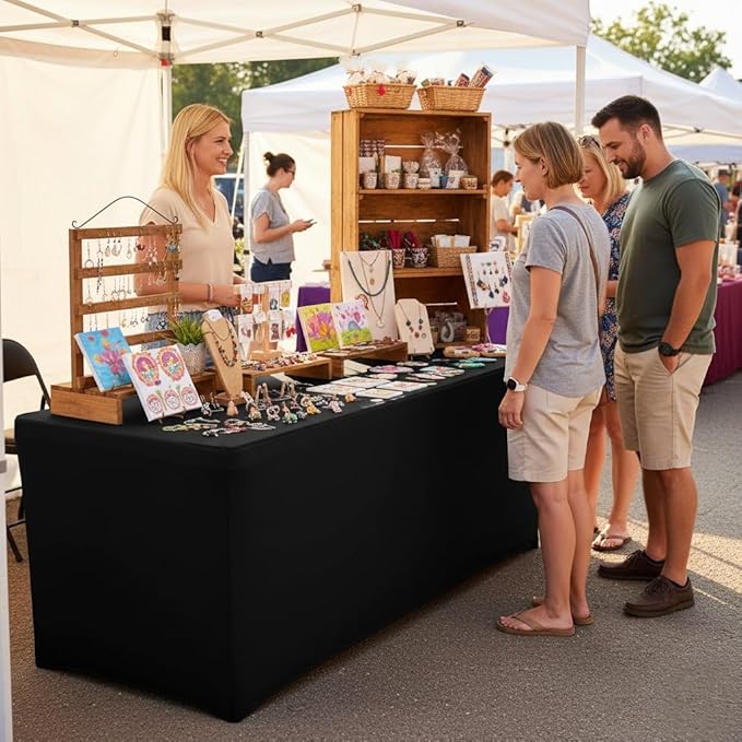 HolidayIdeas 4 Pcs Fitted Black Table Cloths for 6 Foot Rectangle Tables, Wrinkle Resistant Washable Table Covers 72x30 Inch for Vendor Booth Display, Banquet, Trade Show