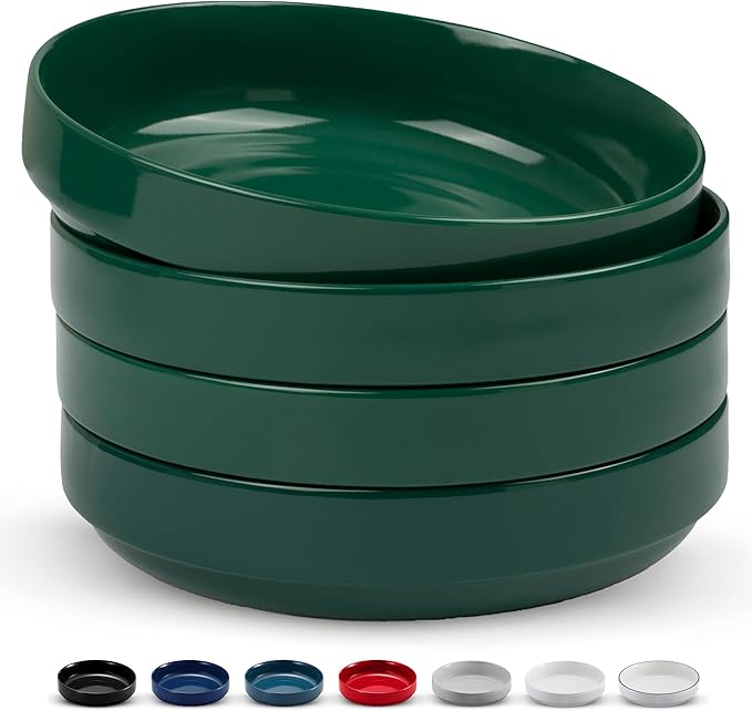 KooK Ceramic Large Pasta Bowls, Microwave and Dishwasher Safe, Great for Soups and Salads, Shallow Serving Bowls, Glossy Porcelain, 47 oz, Set of 4, Hunter Green